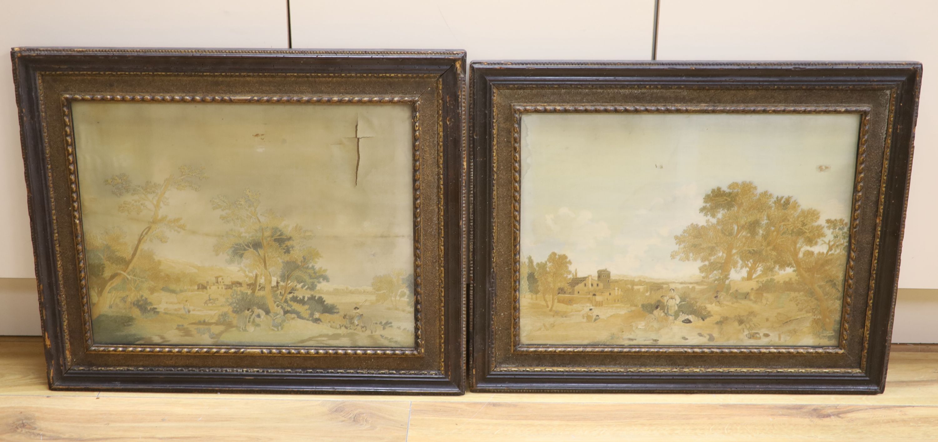 A pair of early 19th century silkwork panels depicting landscapes, 37 x 47cm, framed